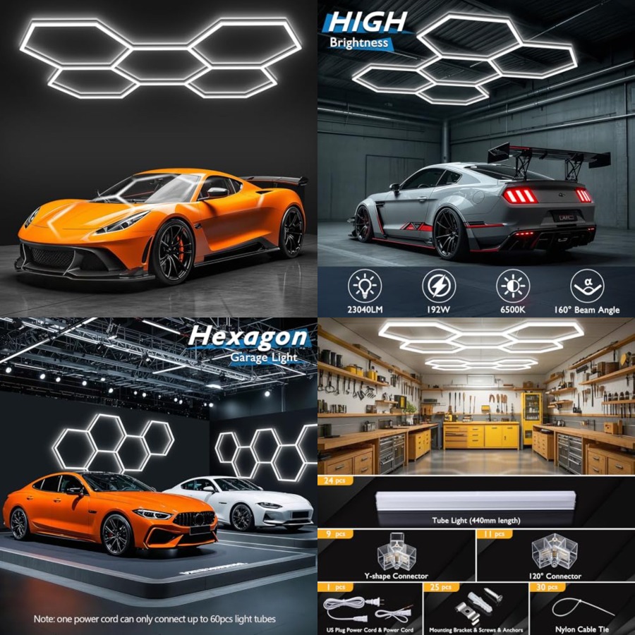 Car Led Light - 六角形ガレージライト、LEDハニカムライト天井照明、192W、23040LM、6500K超高輝度、5グリッドシステムカーディテーリングライト